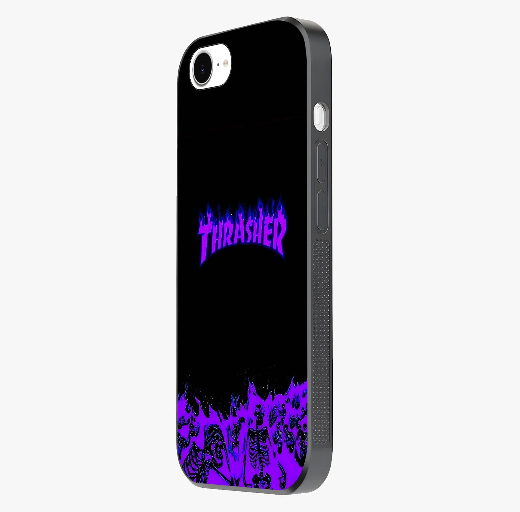 Neon Flame Riot Glass Case photographed in natural light showing reflective finish and design depth.