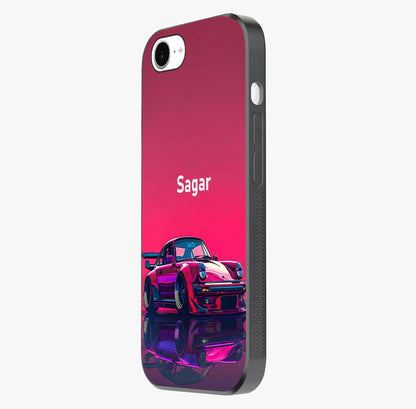Neon Pink Porsche Glass Case photographed in natural light showing reflective finish and design depth.