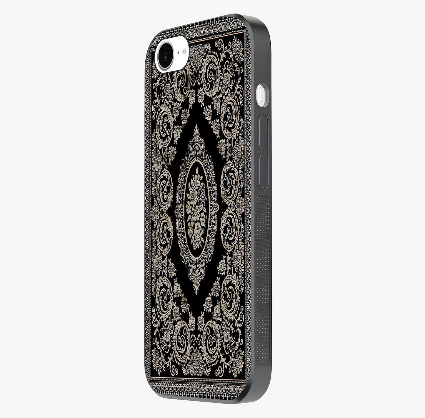 Noir Bloom Elegance Glass Case photographed in natural light showing reflective finish and design depth.