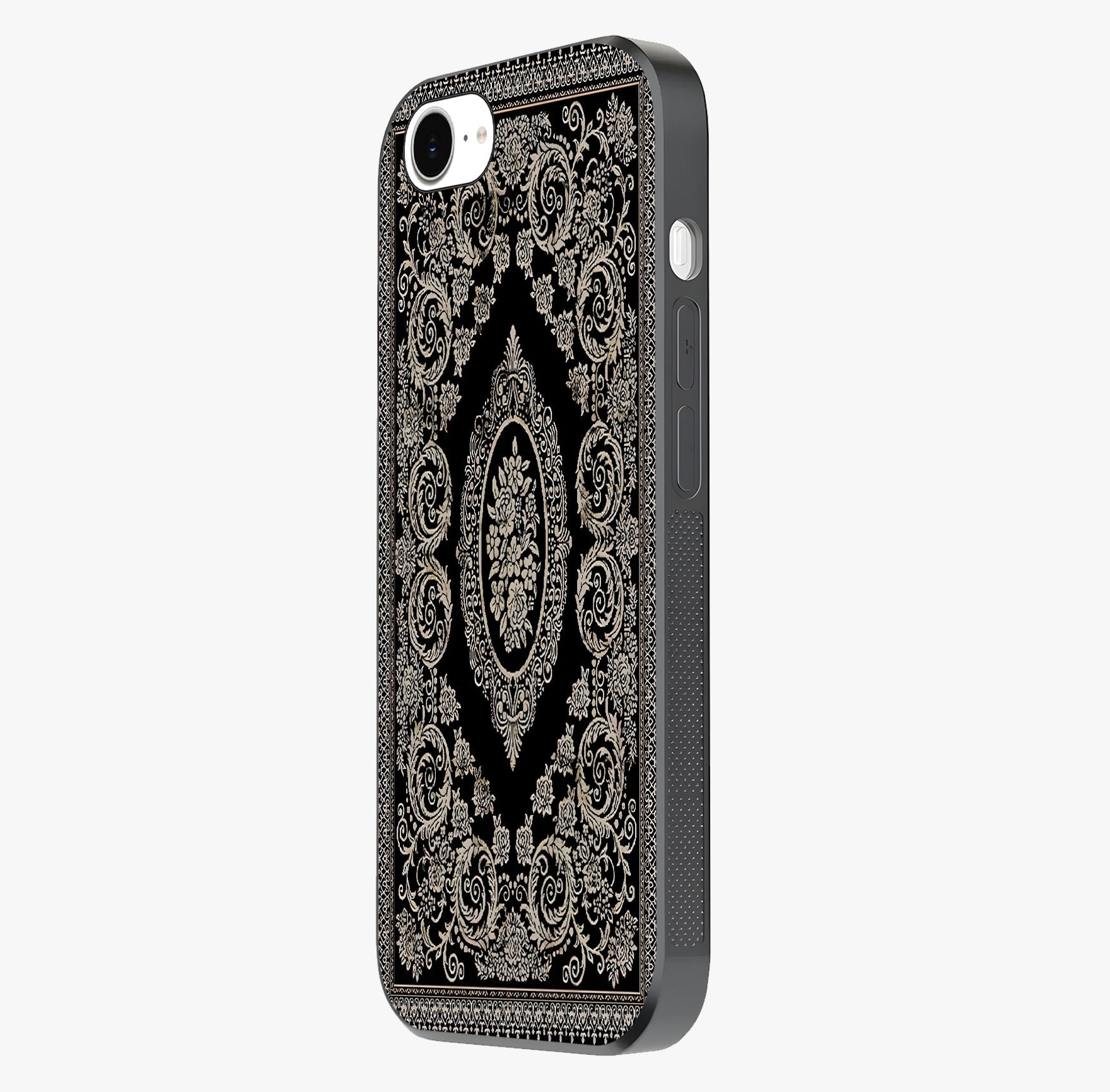 Noir Bloom Elegance Glass Case photographed in natural light showing reflective finish and design depth.