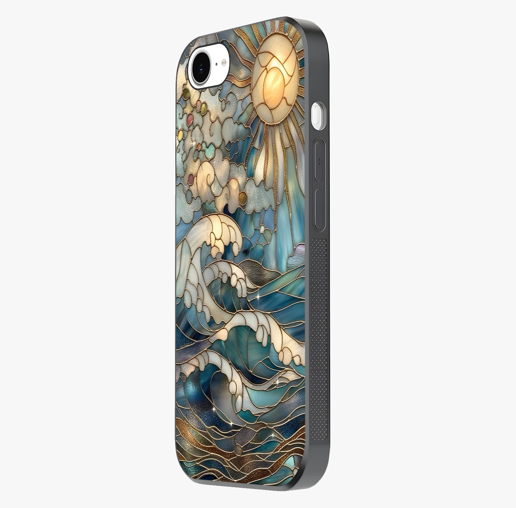 Oceanic Stained Printed Glass Case photographed in natural light showing reflective finish and design depth.
