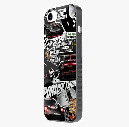 Porsche Racing Collage Glass Case photographed in natural light showing reflective finish and design depth.