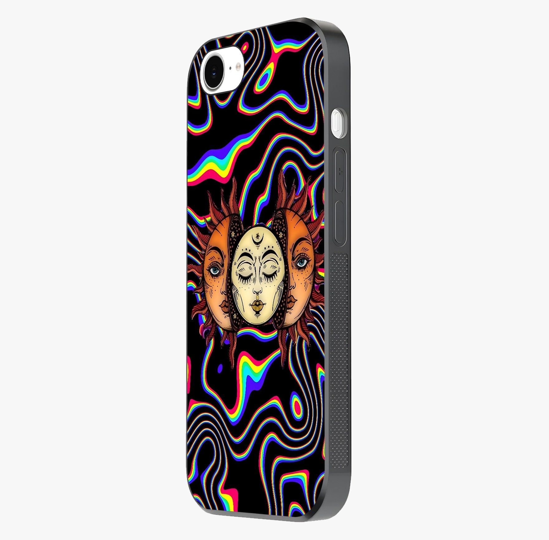 Psychedelic Sun Glass Case photographed in natural light showing reflective finish and design depth.
