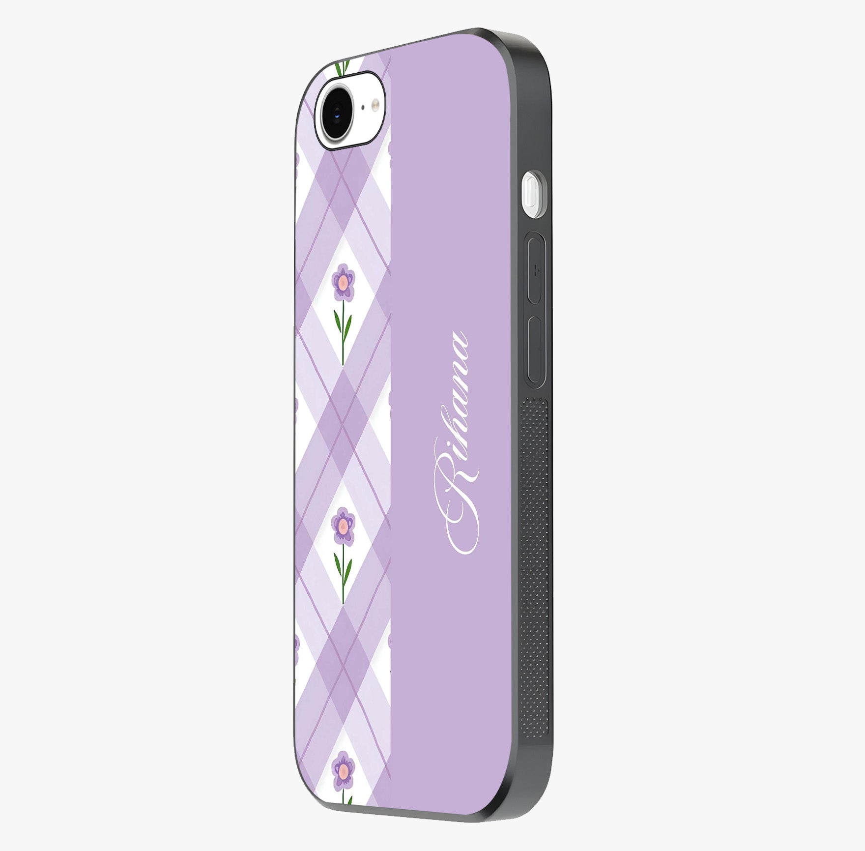 Purple Diamond Floral Glass Case photographed in natural light showing reflective finish and design depth.