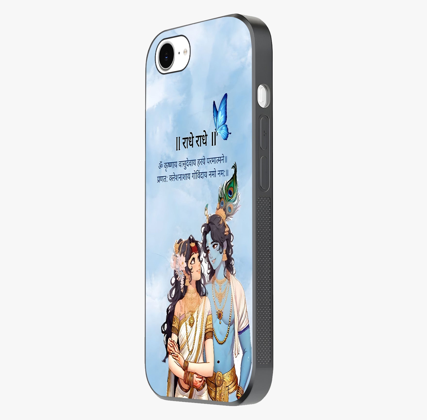 Radha Krishna Eternal Glass Case photographed in natural light showing reflective finish and design depth.