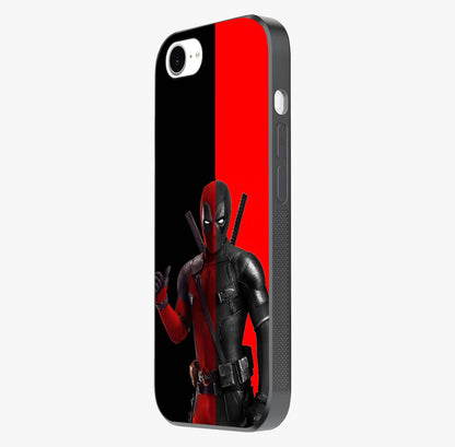 Red & Black Deadpool Theme Glass Case photographed in natural light showing reflective finish and design depth.