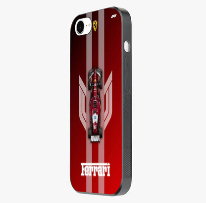 Red Ferrari F1 Vertical Glass Case photographed in natural light showing reflective finish and design depth.