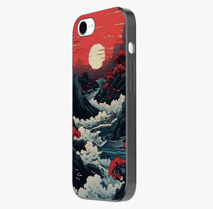Red Sunset Scenery Glass Case photographed in natural light showing reflective finish and design depth.