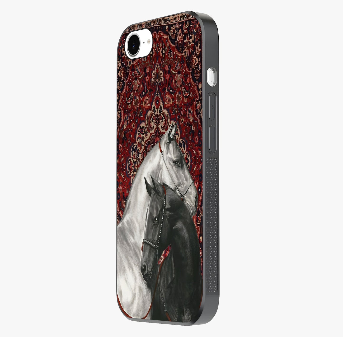 Regal Stallion Tapestry Glass Case photographed in natural light showing reflective finish and design depth.