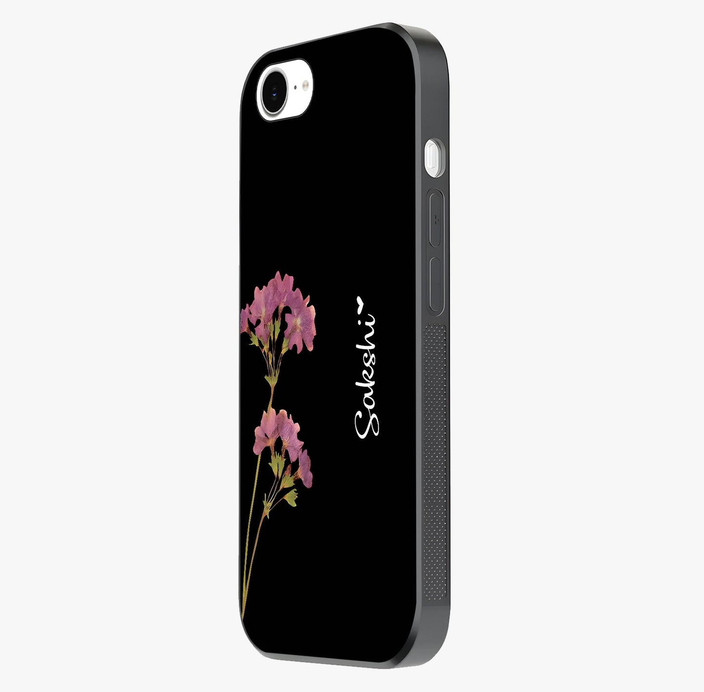 Riching Lavender Flower Custom Name Glass Case photographed in natural light showing reflective finish and design depth.