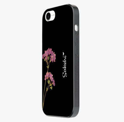Riching Lavender Flower Custom Name Glass Case photographed in natural light showing reflective finish and design depth.