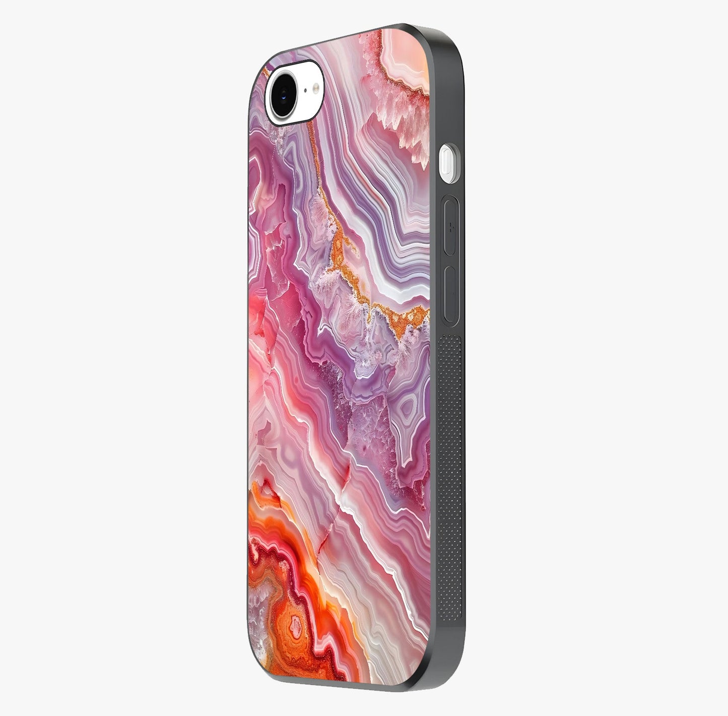 Rose Quartz Marble Glass Case photographed in natural light showing reflective finish and design depth.