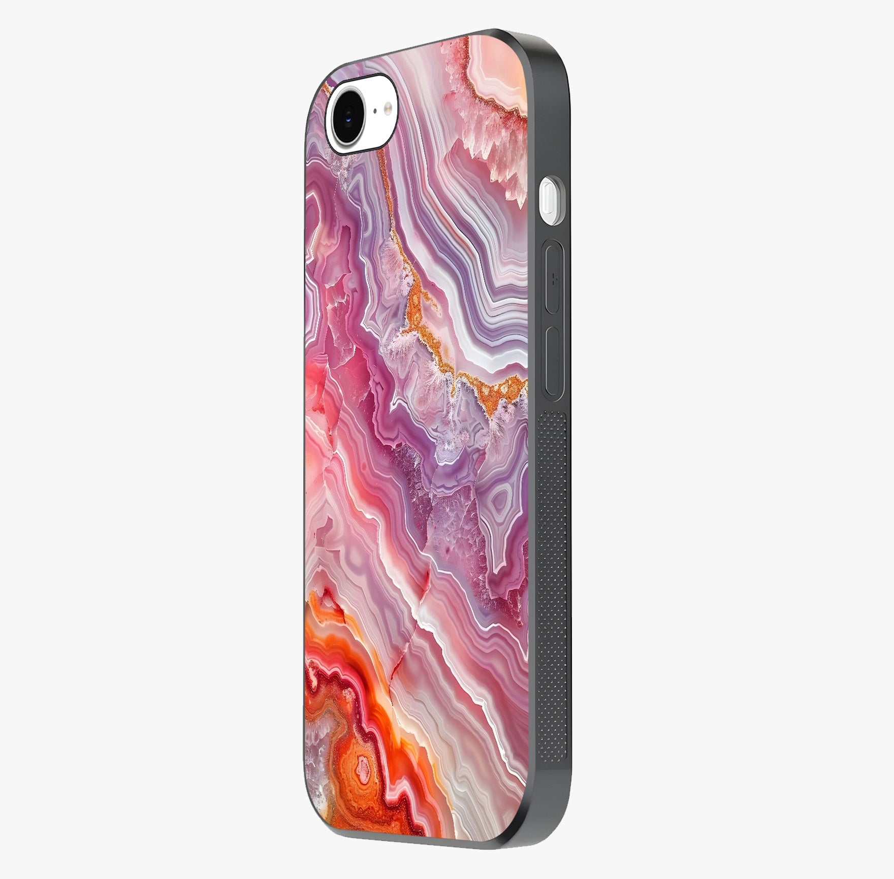 Rose Quartz Marble Glass Case photographed in natural light showing reflective finish and design depth.