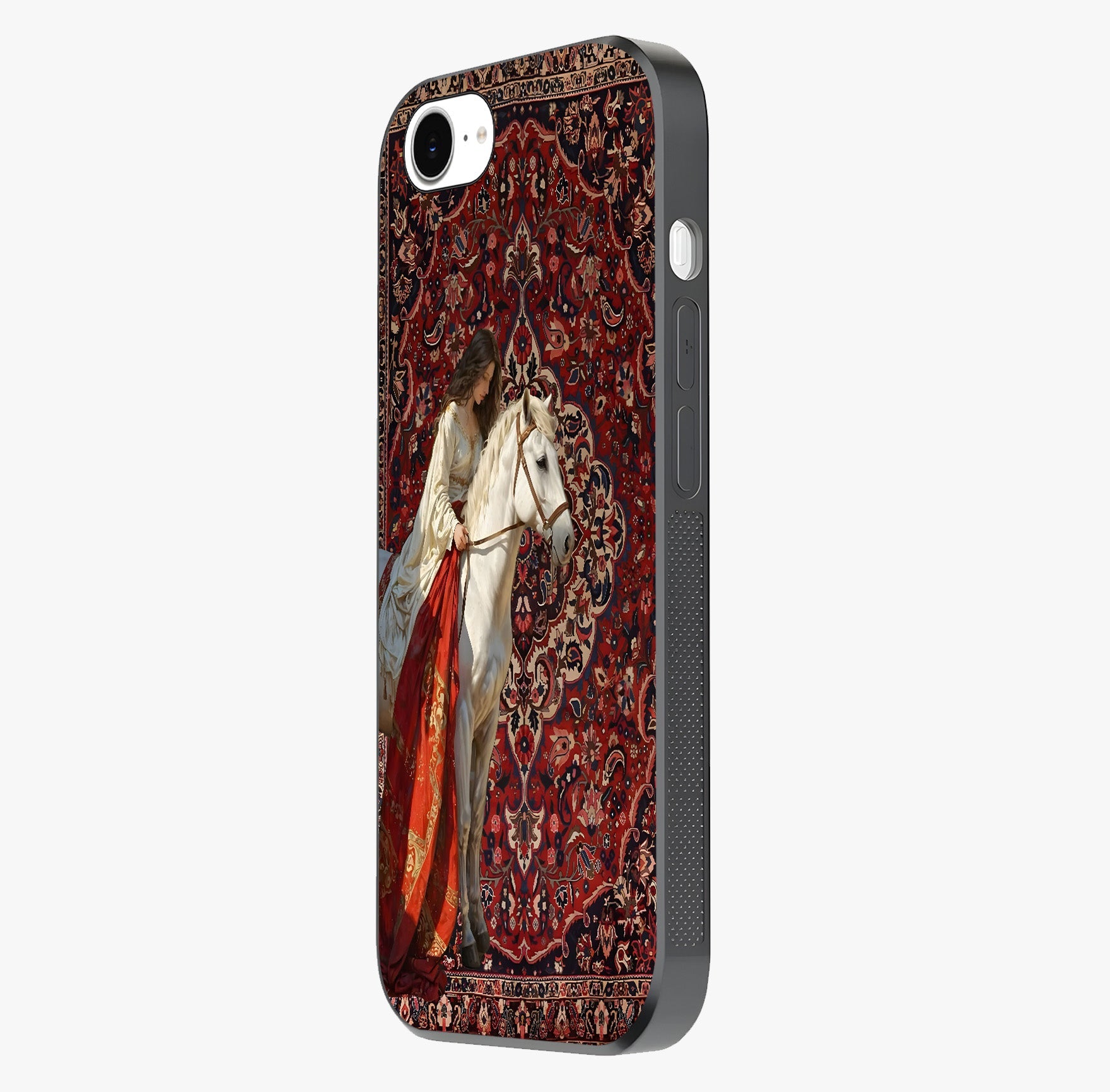 Royal Rider Tapestry Glass Case photographed in natural light showing reflective finish and design depth.