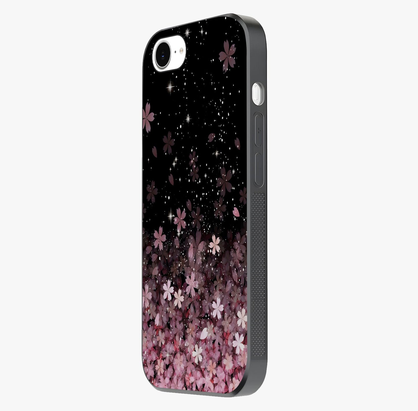 Small Starry Flowers Glass Case photographed in natural light showing reflective finish and design depth.
