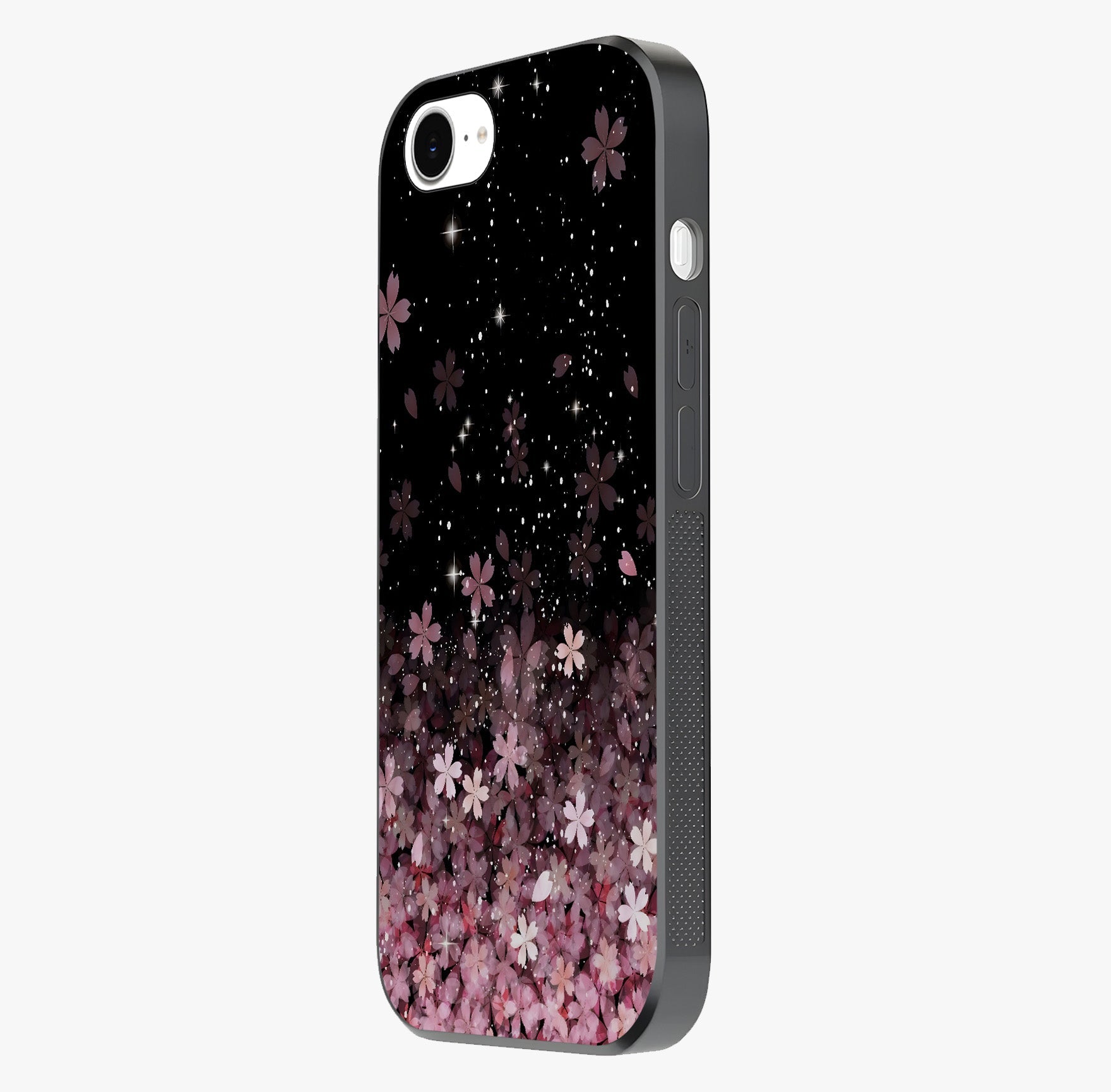 Small Starry Flowers Glass Case photographed in natural light showing reflective finish and design depth.