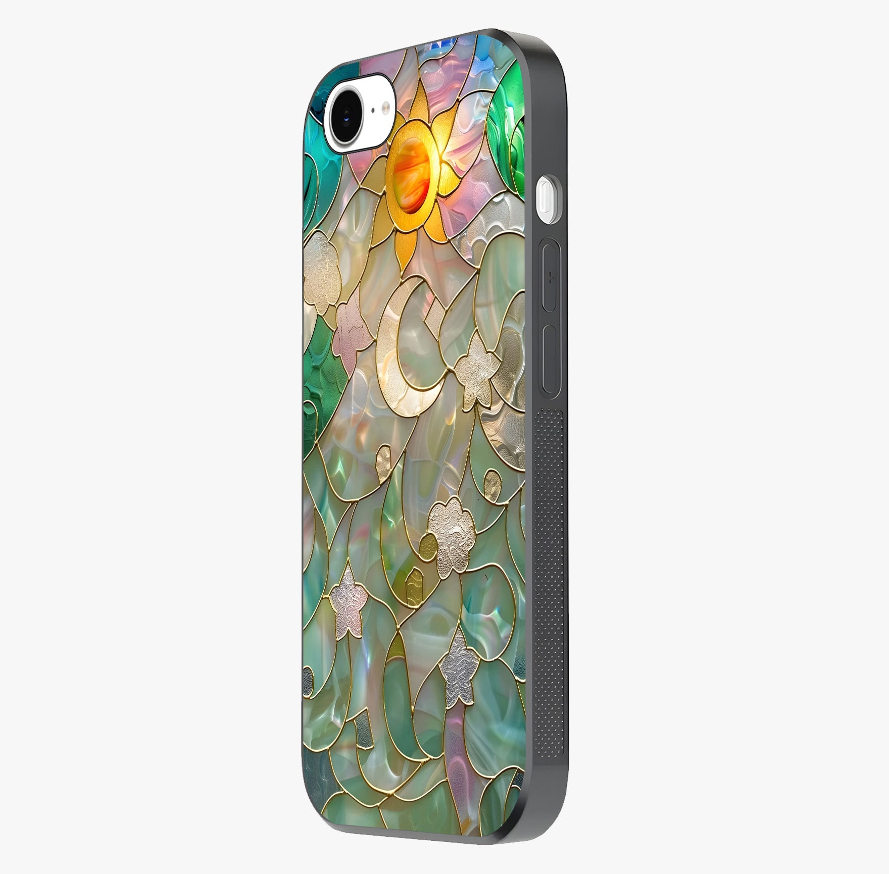 Stained Sunrise Glow Glass Case photographed in natural light showing reflective finish and design depth.