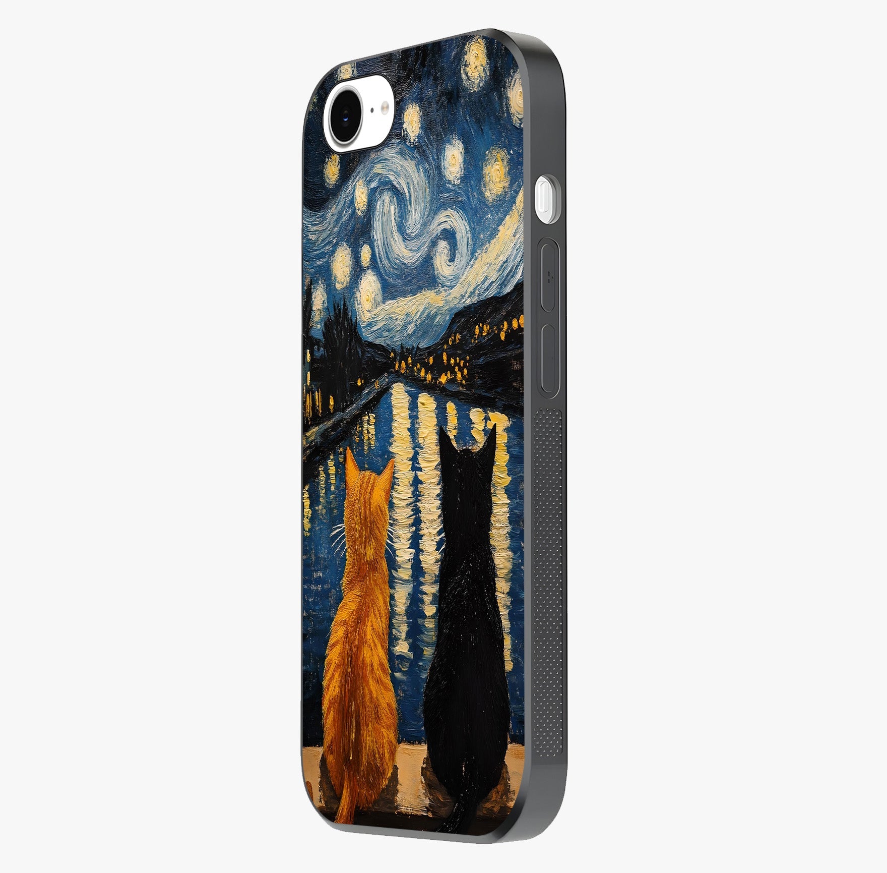 Starry River Cats Glass Case photographed in natural light showing reflective finish and design depth.
