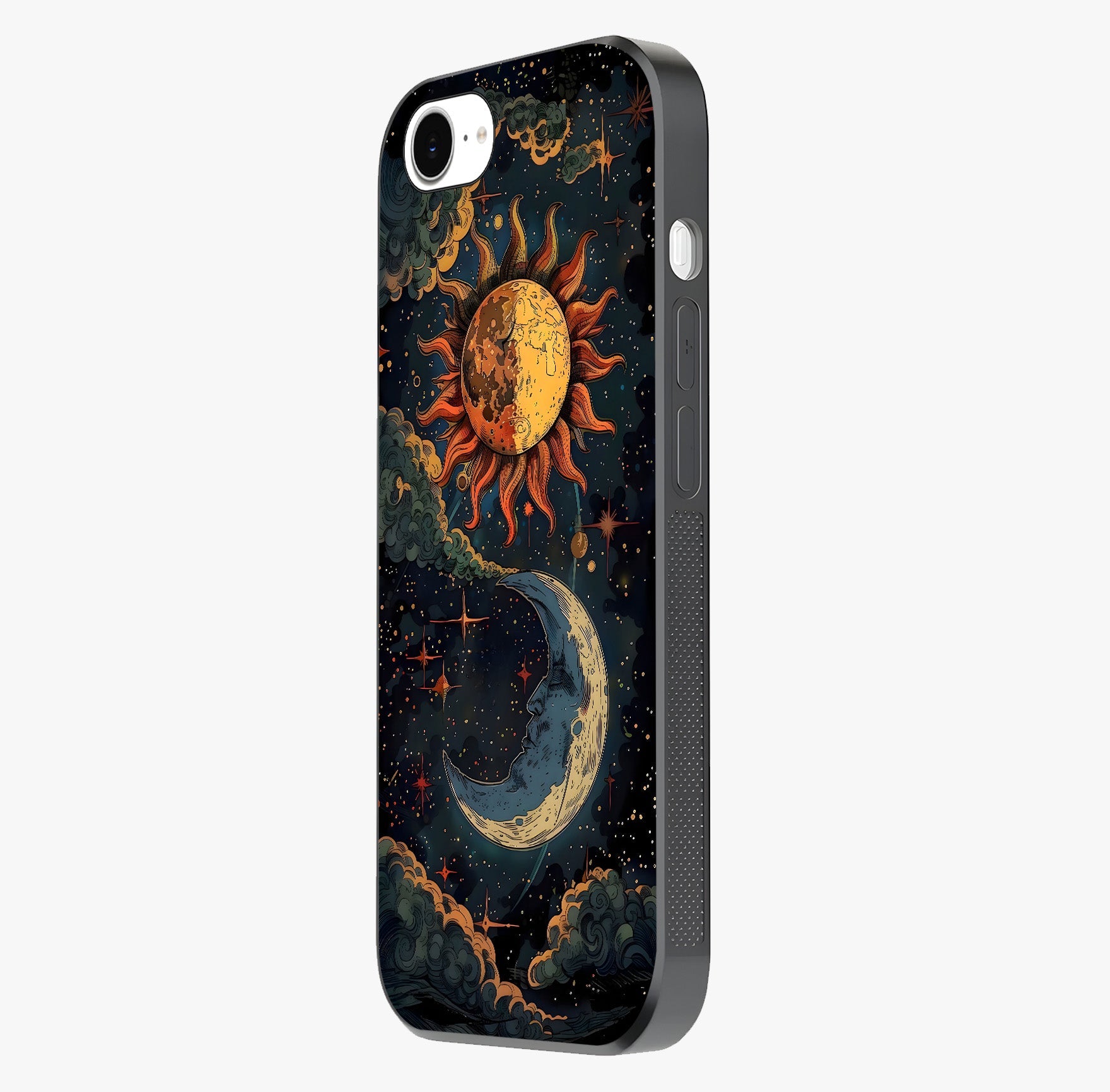 Sun And Moon Magic Design Glass Case photographed in natural light showing reflective finish and design depth.