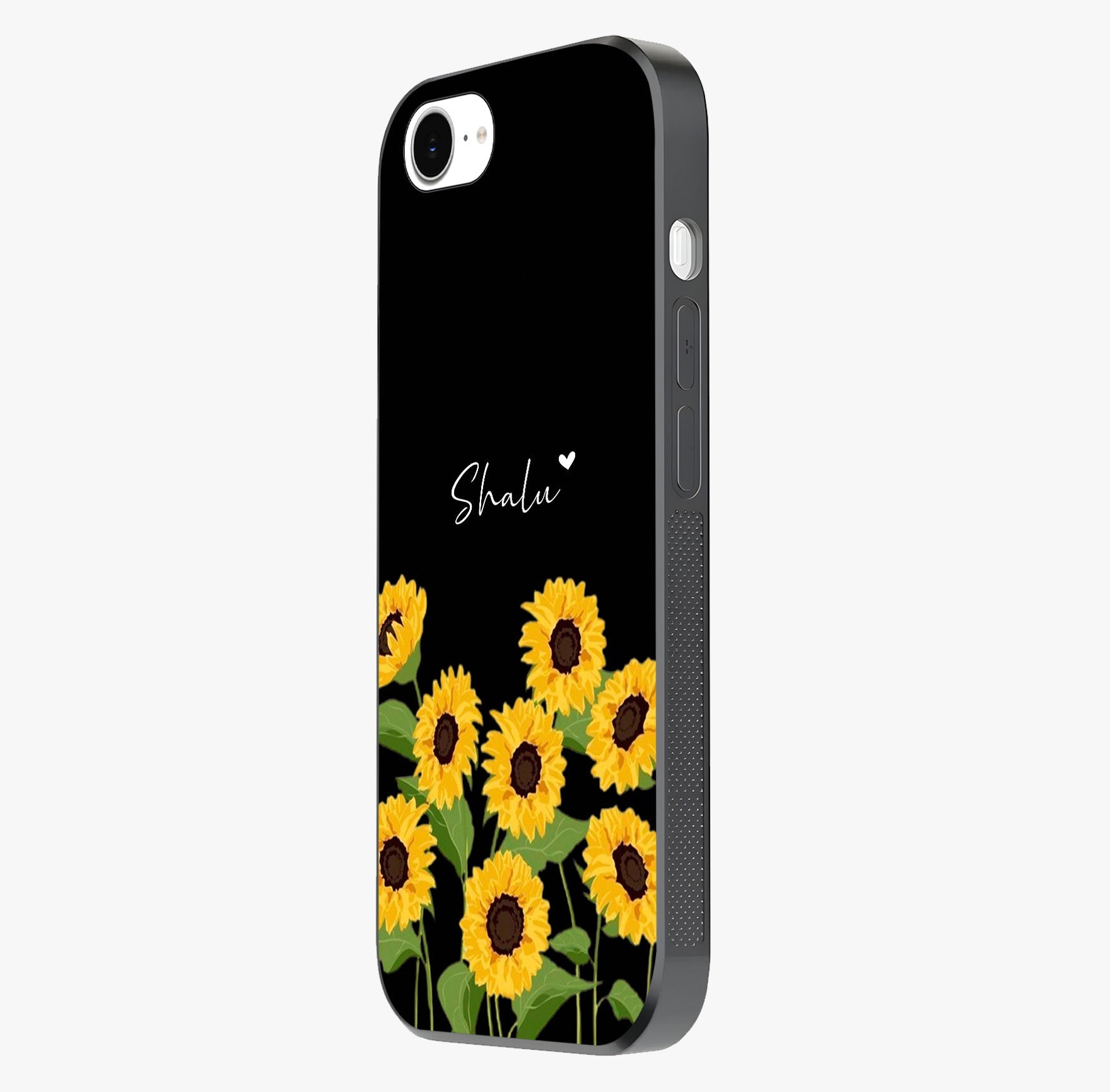 Sunflower Chic Mood Custom Name Glass Case photographed in natural light showing reflective finish and design depth.