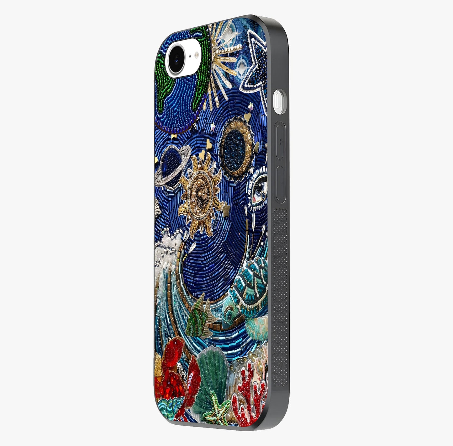 Universe Underwater Spark Glass Case photographed in natural light showing reflective finish and design depth.