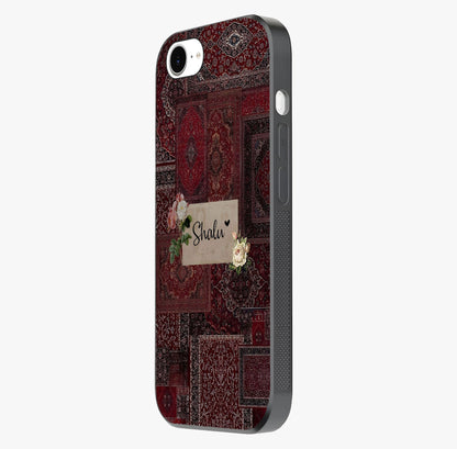 Velvet Wine Pattern Custom Name Glass Case photographed in natural light showing reflective finish and design depth.
