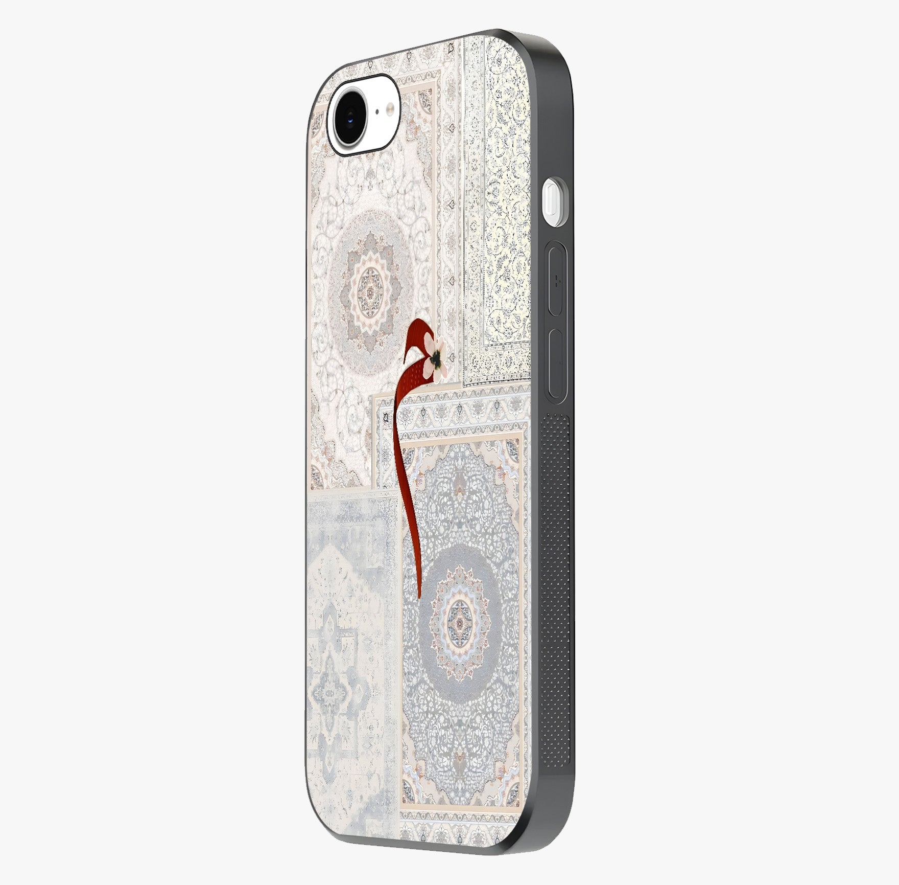 White Aesthetic Bow Glass Case photographed in natural light showing reflective finish and design depth.