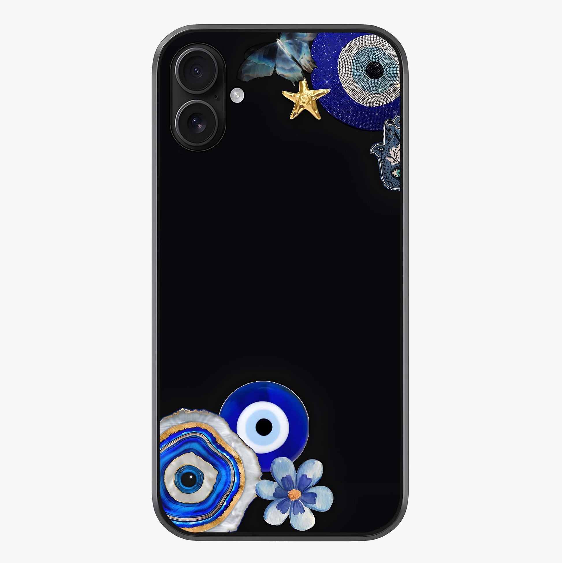 Aesthetic Blue Evil Eye Glass Case showing full back design in clean flat view with glossy glass finish.