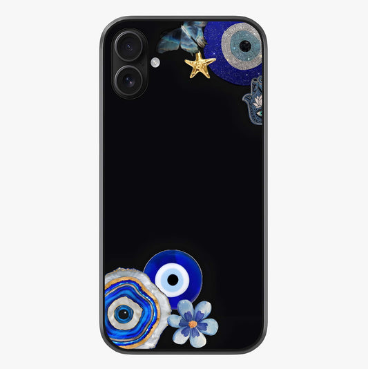 Aesthetic Blue Evil Eye Glass Case showing full back design in clean flat view with glossy glass finish.