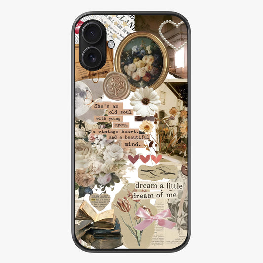 Aesthetic Brown Vintage Collage Glass Case showing full back design in clean flat view with glossy glass finish.