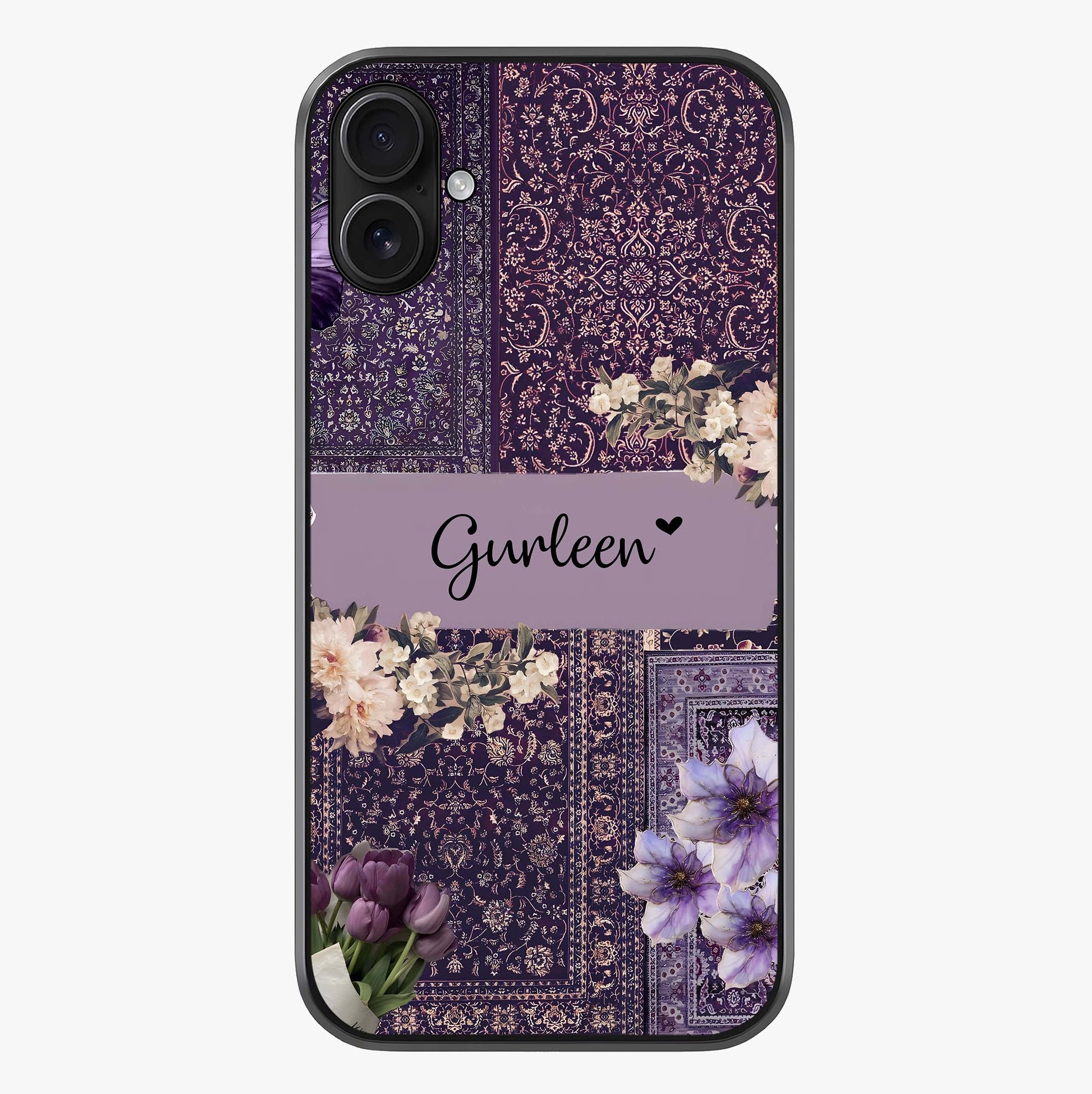 Antique Floral Whisper Custom Name Glass Case showing full back design in clean flat view with glossy glass finish.