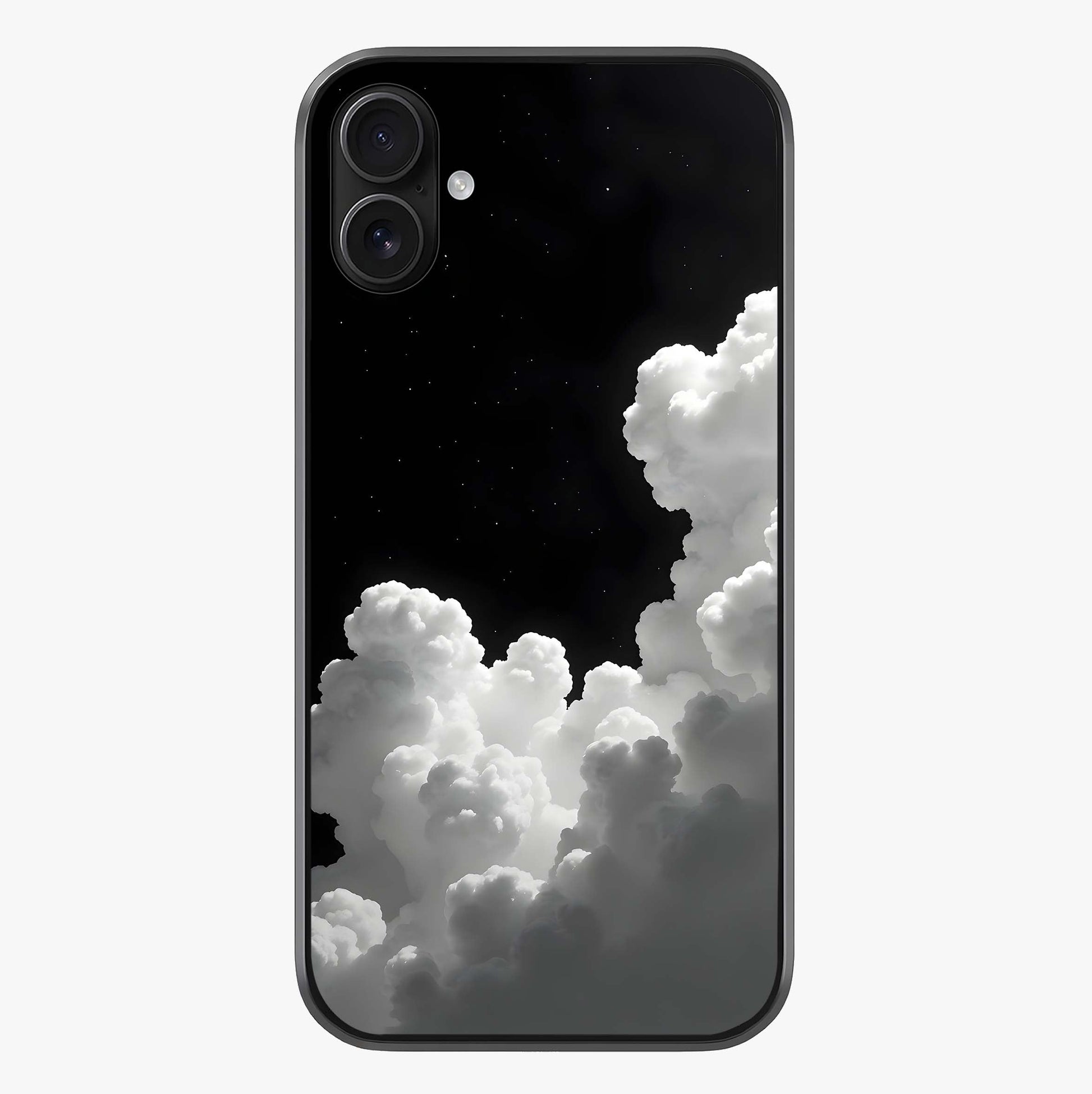 Black Background With White Cloud Glass Case showing full back design in clean flat view with glossy glass finish.