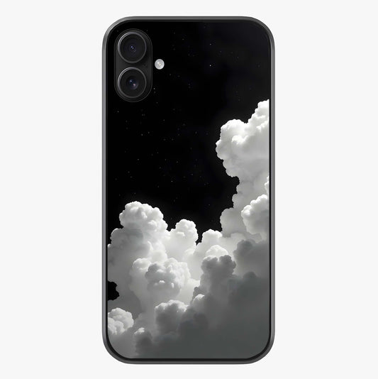 Black Background With White Cloud Glass Case showing full back design in clean flat view with glossy glass finish.