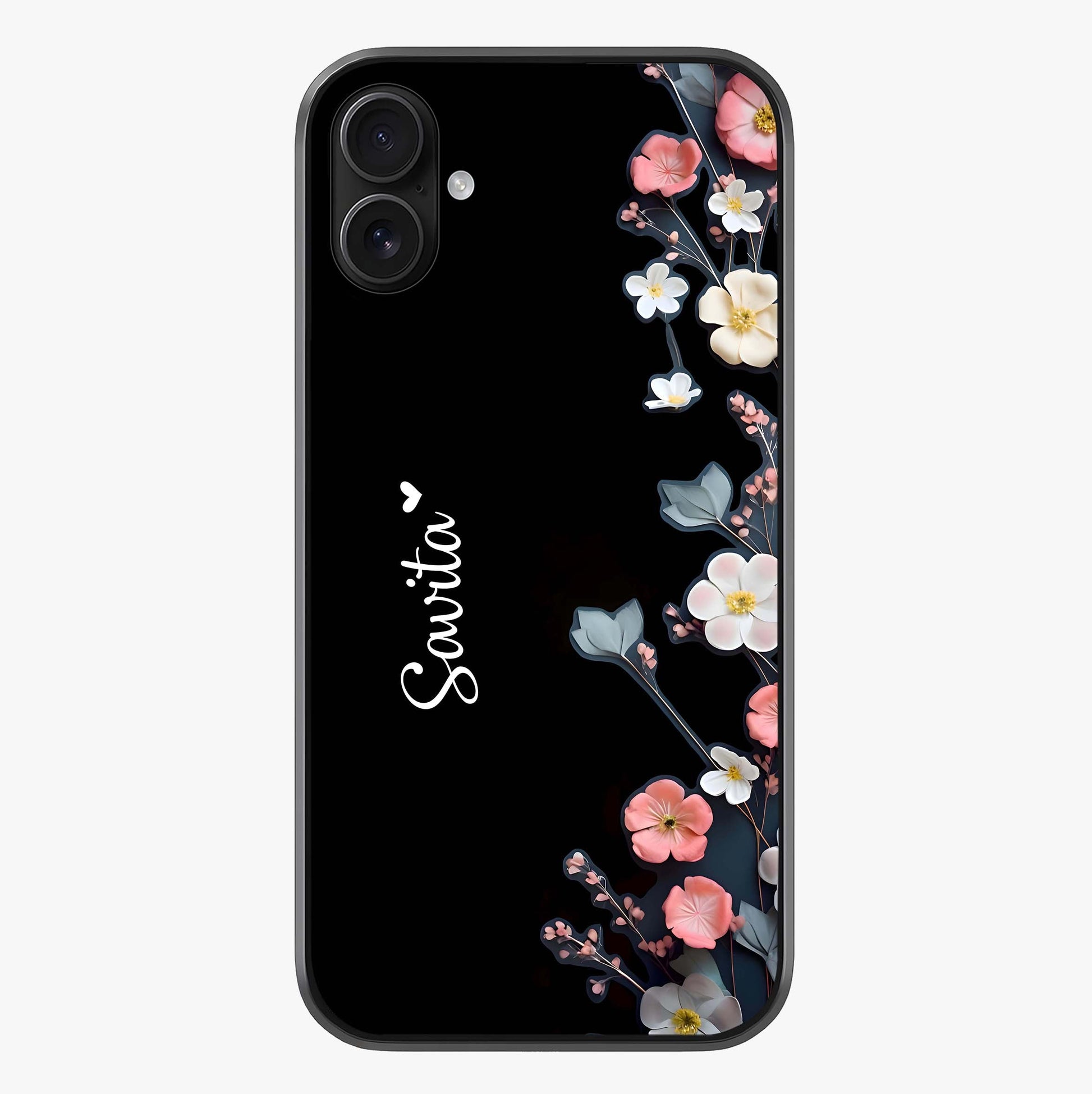 Black Elegance Floral Custom Name Glass Case showing full back design in clean flat view with glossy glass finish.