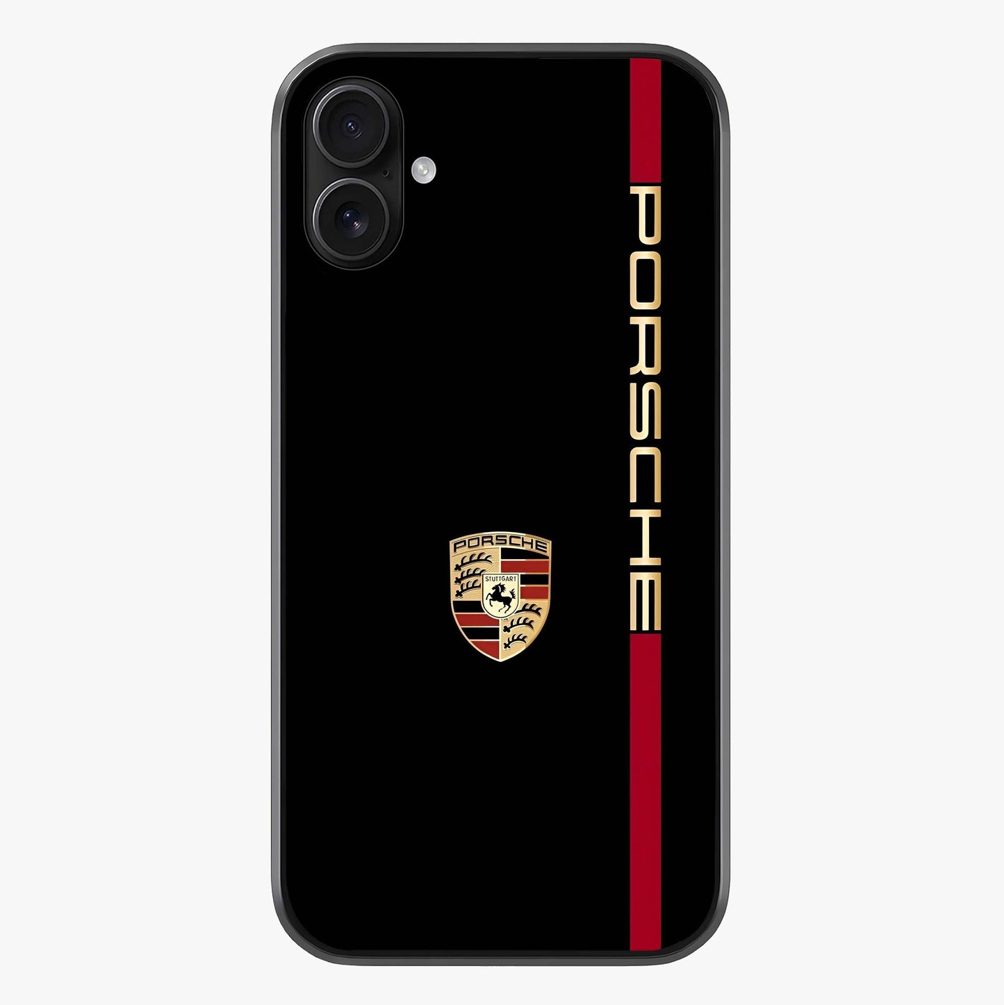 Black Minimal Porsche Glass Case showing full back design in clean flat view with glossy glass finish.