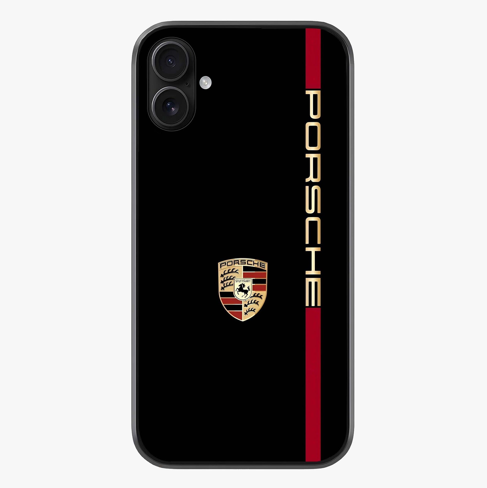 Black Minimal Porsche Glass Case showing full back design in clean flat view with glossy glass finish.