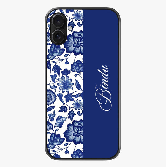 Blue Vintage Floral Pattern Glass Case showing full back design in clean flat view with glossy glass finish.