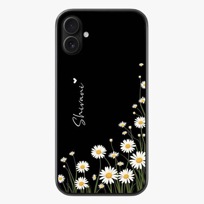 Daisy Cascade Custom Name Glass Case showing full back design in clean flat view with glossy glass finish.