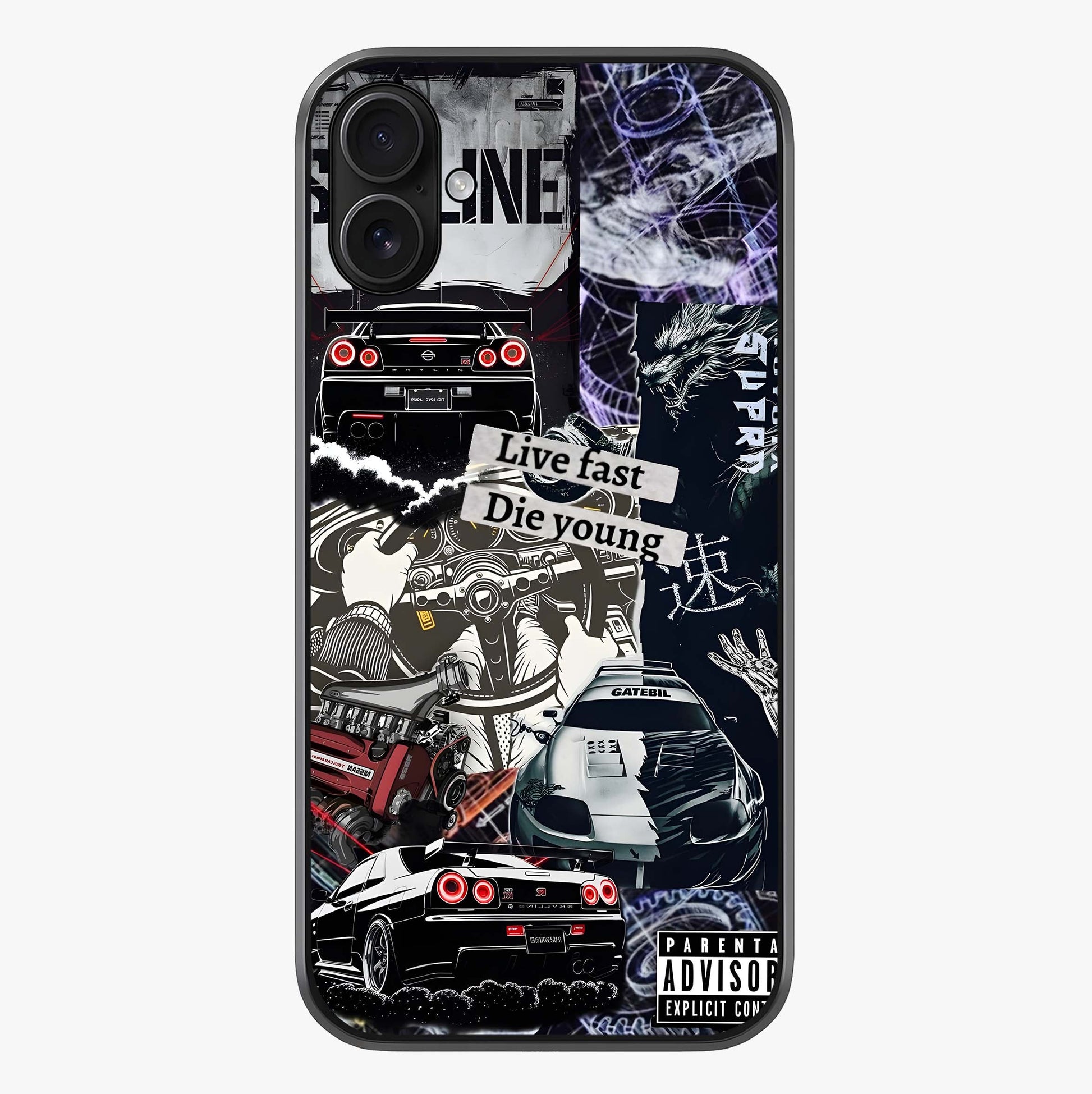 Die Young Glass Case showing full back design in clean flat view with glossy glass finish.