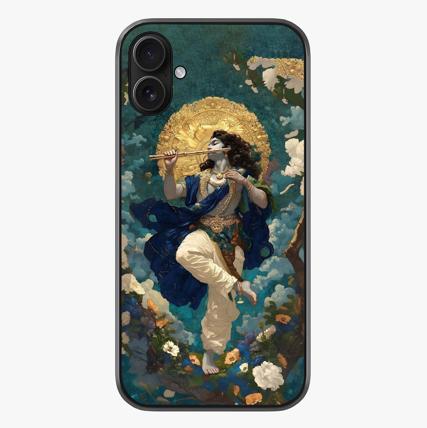 Divine Krishna Art Glass Case showing full back design in clean flat view with glossy glass finish.