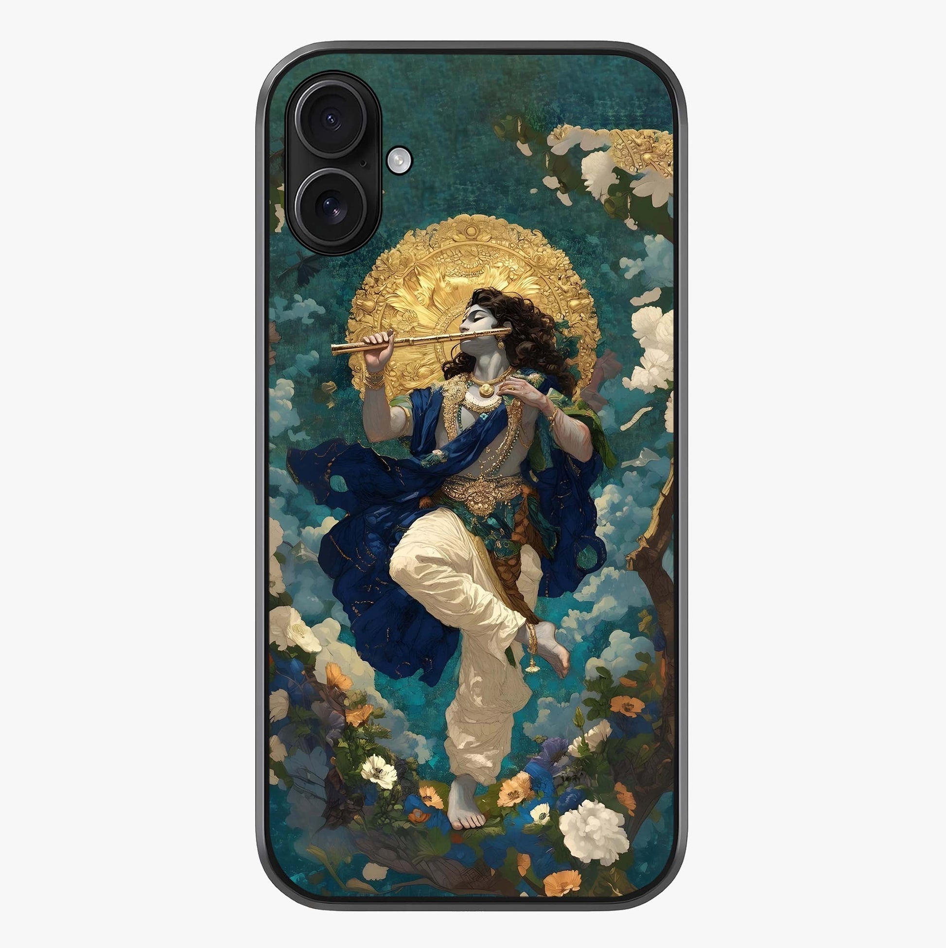 Divine Krishna Art Glass Case showing full back design in clean flat view with glossy glass finish.