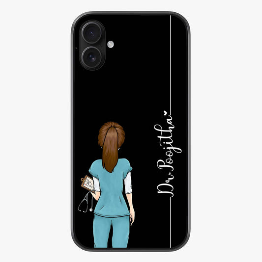 Doctor Pattern Custom Name Glass Case showing full back design in clean flat view with glossy glass finish.