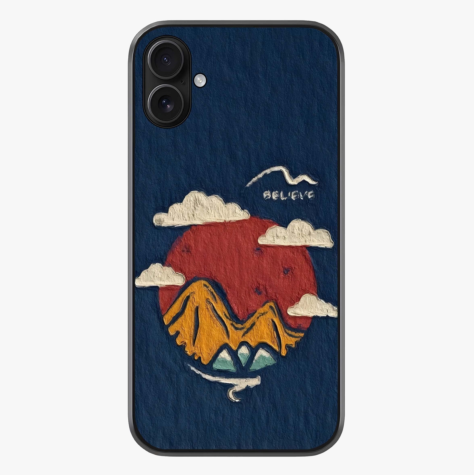 Dream Beyond Mountains Glass Case showing full back design in clean flat view with glossy glass finish.