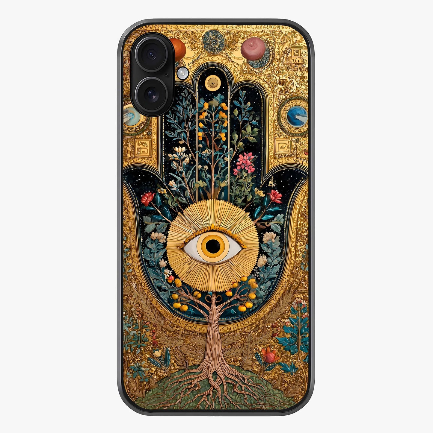 Ethereal Evil Eye Glass Case showing full back design in clean flat view with glossy glass finish.