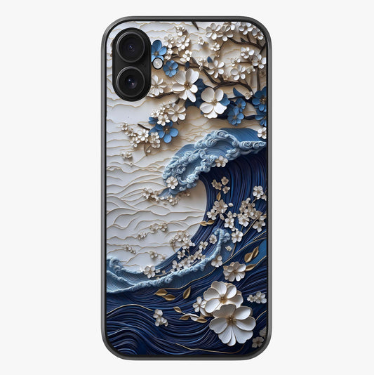 Floral Wave Origami Glass Case showing full back design in clean flat view with glossy glass finish.