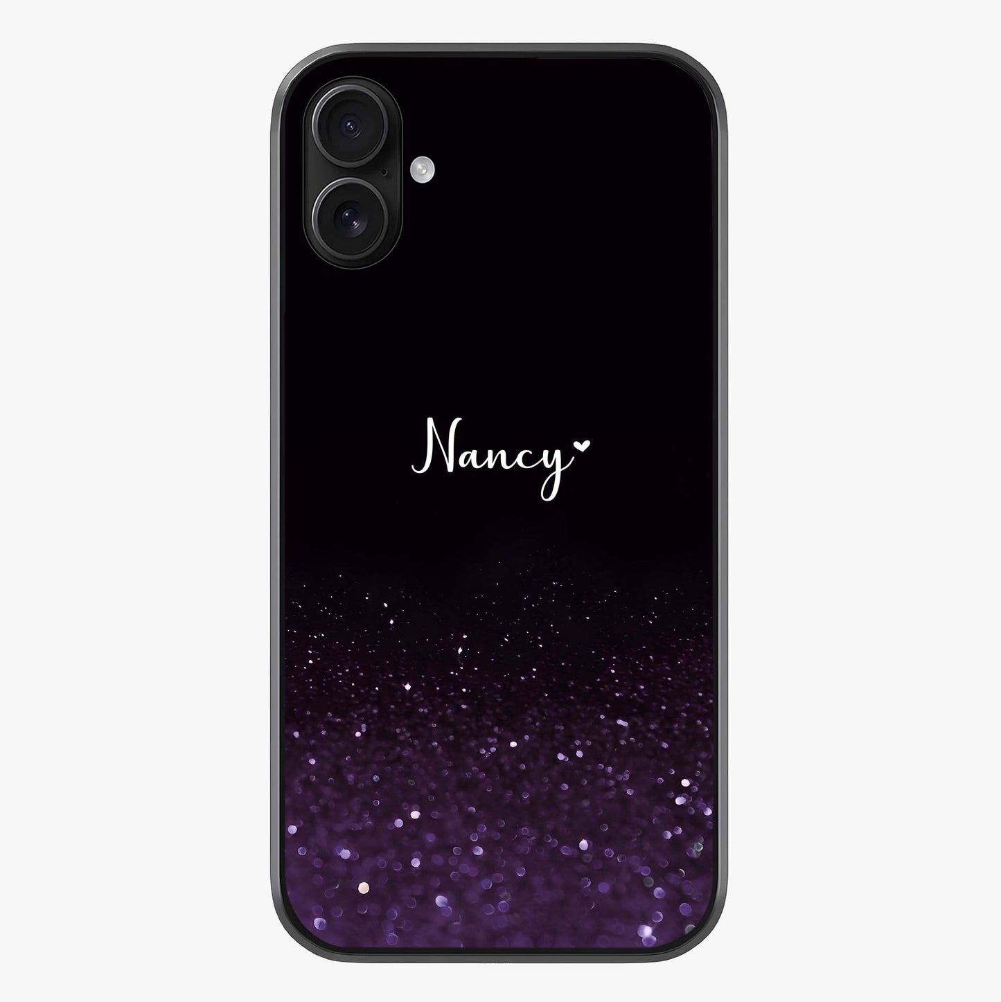 Glittery Purple Bokeh Custom Name Glass Case showing full back design in clean flat view with glossy glass finish.