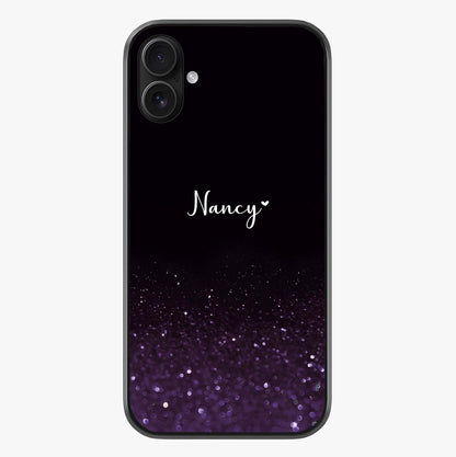 Glittery Purple Bokeh Custom Name Glass Case showing full back design in clean flat view with glossy glass finish.