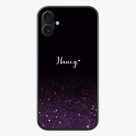 Glittery Purple Bokeh Custom Name Glass Case showing full back design in clean flat view with glossy glass finish.