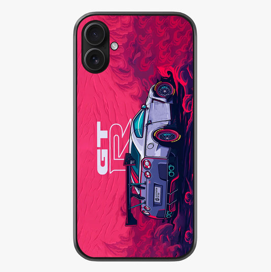 GT R Car Pattern Glass Case showing full back design in clean flat view with glossy glass finish.