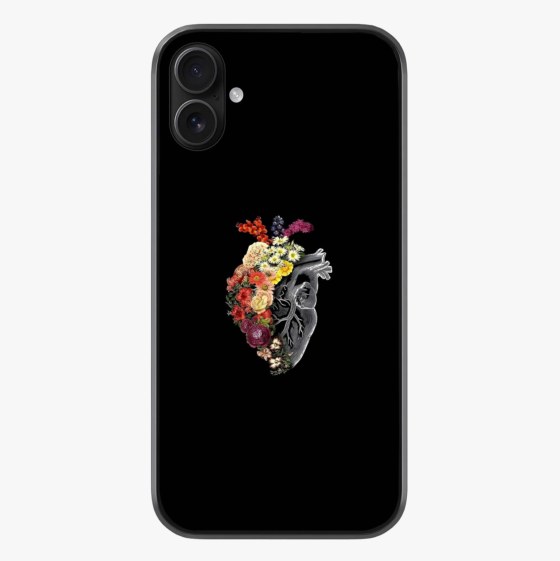 Heart With Flowers Glass Case showing full back design in clean flat view with glossy glass finish.